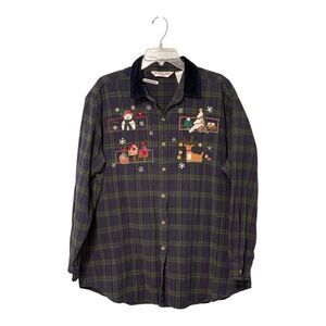 VTG Victoria Jones Christmas Button Up Shirt Plaid Long Sleeve Embroidered 2X
